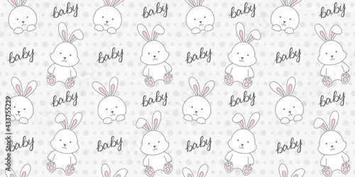 White rabbit and baby hand lettering on a gray background with circles. Endless texture with cute bunny, tiny hare. Vector seamless pattern for cover, wrapping paper, packaging, surface texture, print