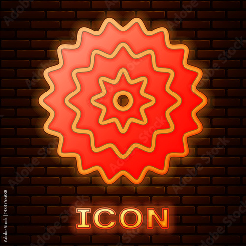 Glowing neon Bicycle cassette mountain bike icon isolated on brick wall background. Rear Bicycle Sprocket. Chainring crankset with chain. Vector