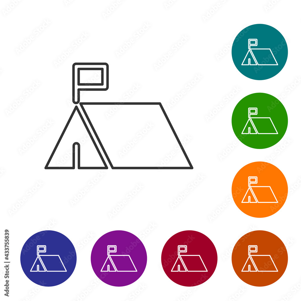 Black line Protest camp icon isolated on white background. Protesting tent. Set icons in color circle buttons. Vector Black line Protest camp icon isolated on white background. Protesting tent. Set icons in color circle buttons. Vector