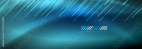 Neon glowing lines, magic energy and light motion background. Vector wallpaper template