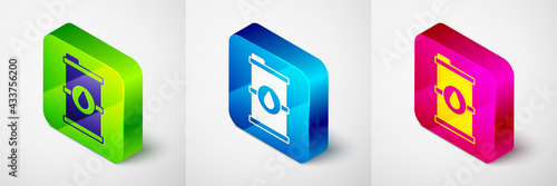Isometric Bio fuel barrel icon isolated on grey background. Eco bio and canister. Green environment and recycle. Square button. Vector