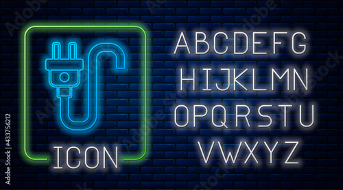 Glowing neon Electric plug icon isolated on brick wall background. Concept of connection and disconnection of the electricity. Neon light alphabet. Vector