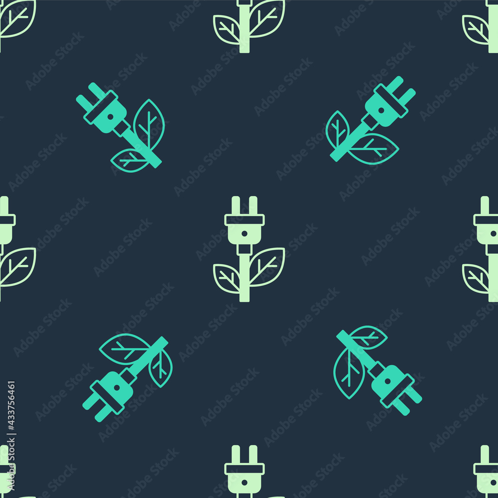 Green and beige Electric saving plug in leaf icon isolated seamless pattern on blue background. Save energy electricity. Environmental protection. Bio energy. Vector Green and beige Electric saving plug in leaf icon isolated seamless pattern on blue background. Save energy electricity. Environmental protection. Bio energy. Vector