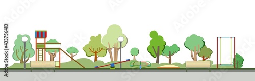 Playground in the park. Swings, slides and carousels. Flat cartoon style illustration. A place for children to play. Sandbox for kids. Outdoor landscape. Summer. Isolated Vector