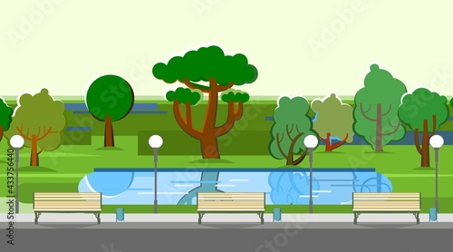 City park area. Trees, shrubs and lanterns. Beautiful summer cityscape in restrained colors. A place to relax, walk and date. Beautiful background picture. Pond and benches. Lawn. Vector.