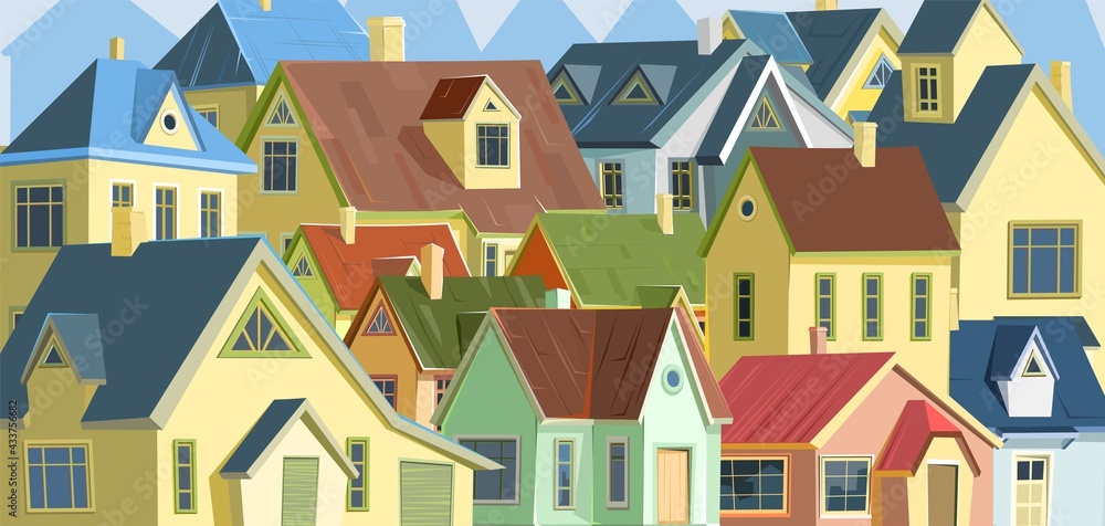 Roofs of houses. A village or a small rural town. Small houses. Street in a cheerful cartoon flat style. Small cozy suburban cottages with windows. Vector. Roofs of houses. A village or a small rural town. Small houses. Street in a cheerful cartoon flat style. Small cozy suburban cottages with windows. Vector.