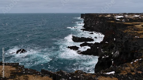 View of the rough Svörtuloft cliffs on the northwestern coast of Snæfellsnes peninsula, west Iceland in winter season with rugged volcanic rocks, strong surf and flying seabirds in winter season. photo