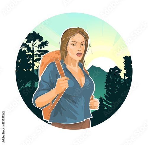 Beautiful girl tourist with a backpack on an adventure. Against the background of a coniferous forest, taiga. Vacation travel. Flat style. Travel. Illustration vector