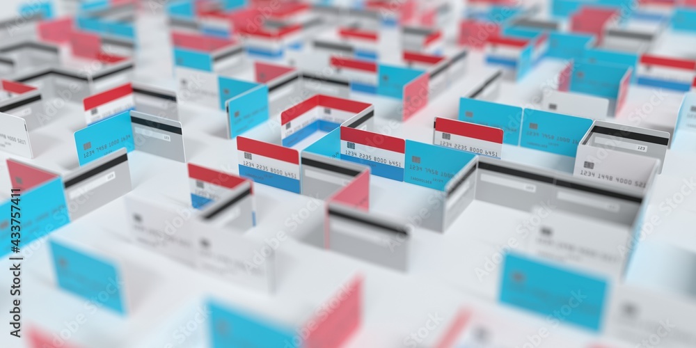 Fictional credit card maze with flag of Luxembourg. Financial difficulties related 3D rendering Fictional credit card maze with flag of Luxembourg. Financial difficulties related 3D rendering
