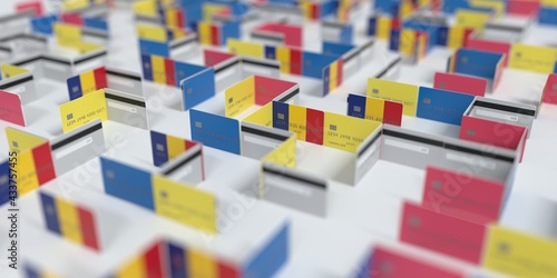 Flag of Romania on the mockup credit card maze. Financial difficulties related 3D rendering