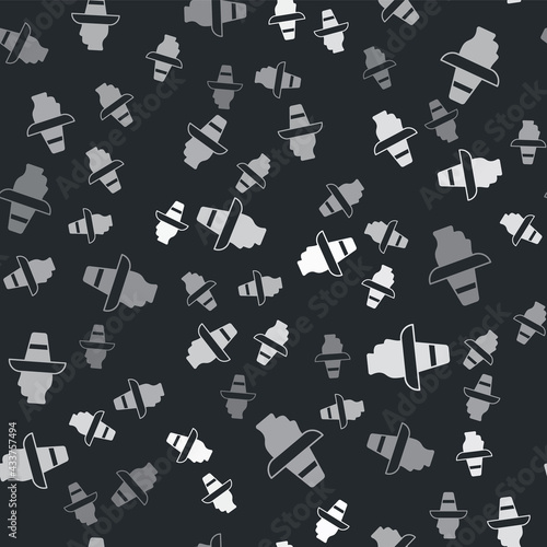 Grey Mexican man wearing sombrero icon isolated seamless pattern on black background. Hispanic man with a mustache. Vector