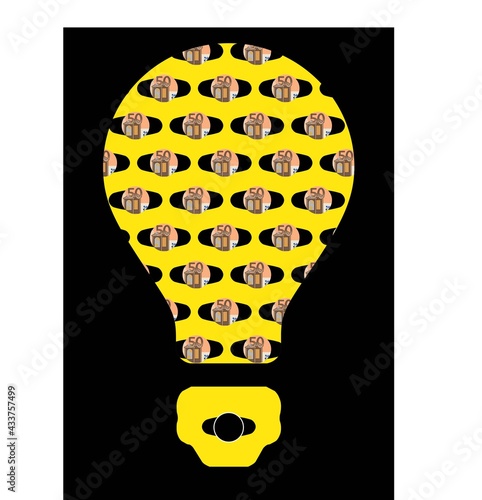 Fuentes de financiación colectiva. Bombilla con multitud de personas con aportaciones de 50 euros ante un solicitante de cooperación colectiva para llevar a cabo una idea de negocio o de otra índole