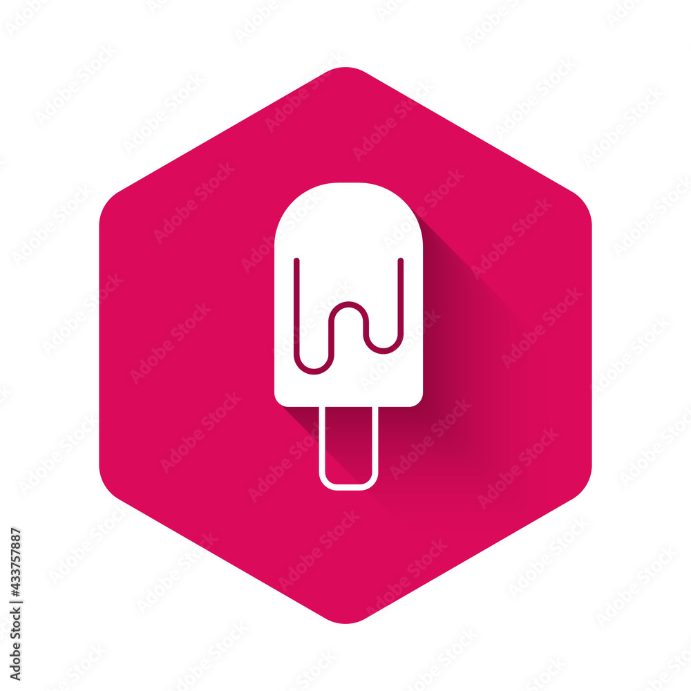 White Ice cream icon isolated with long shadow background. Sweet symbol. Pink hexagon button. Vector White Ice cream icon isolated with long shadow background. Sweet symbol. Pink hexagon button. Vector