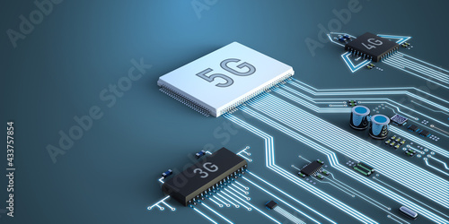 Abstract illustration of 5g, 4g, and 3g processors competing with each other. photo