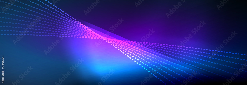 Neon shiny color background with light glowing wave line particles. Wallpaper background, design templates for business or technology presentations, internet posters or web brochure covers Neon shiny color background with light glowing wave line particles. Wallpaper background, design templates for business or technology presentations, internet posters or web brochure covers