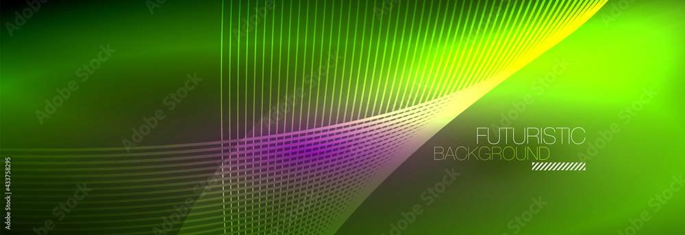 Abstract neon glowing light in the dark with waves. Shiny magic energy and motion concept, vector abstract wallpaper background Abstract neon glowing light in the dark with waves. Shiny magic energy and motion concept, vector abstract wallpaper background