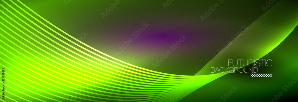 Abstract neon glowing light in the dark with waves. Shiny magic energy and motion concept, vector abstract wallpaper background Abstract neon glowing light in the dark with waves. Shiny magic energy and motion concept, vector abstract wallpaper background