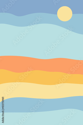 Abstract landscape. Nature, mountains, sea, moon. Fashionable trendy style, minimalism. Design for social networks, poster, banner, cover. Colored flat vector illustration. © Boomanoid