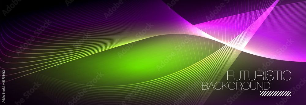 Abstract neon glowing light in the dark with waves. Shiny magic energy and motion concept, vector abstract wallpaper background Abstract neon glowing light in the dark with waves. Shiny magic energy and motion concept, vector abstract wallpaper background