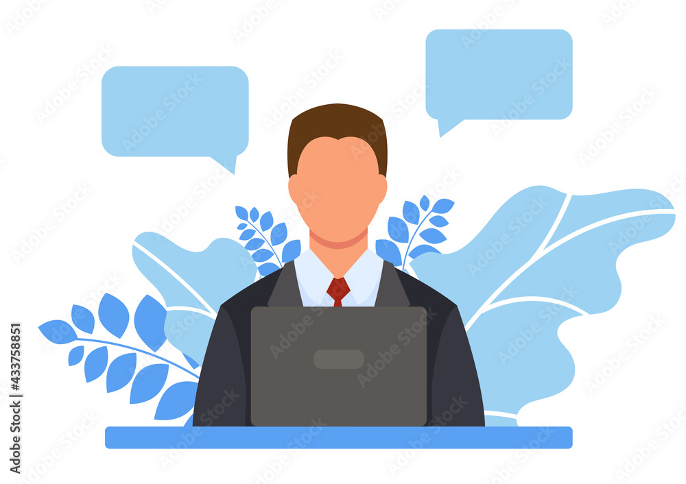 A male consultant is sitting at a computer. Office work. Customer service. Helping clients. Concept illustration for call center, support, hotline, telemarketing. Vector in flat style. A male consultant is sitting at a computer. Office work. Customer service. Helping clients. Concept illustration for call center, support, hotline, telemarketing. Vector in flat style.