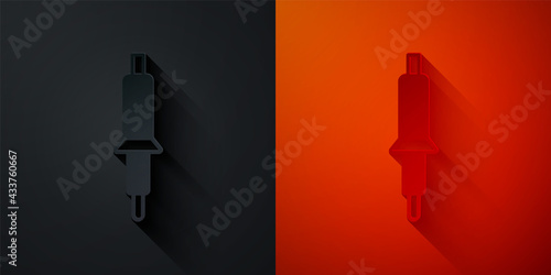 Paper cut Soldering iron icon isolated on black and red background. Paper art style. Vector