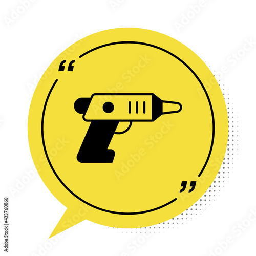 Black Electric cordless screwdriver icon isolated on white background. Electric drill machine. Repair tool. Yellow speech bubble symbol. Vector