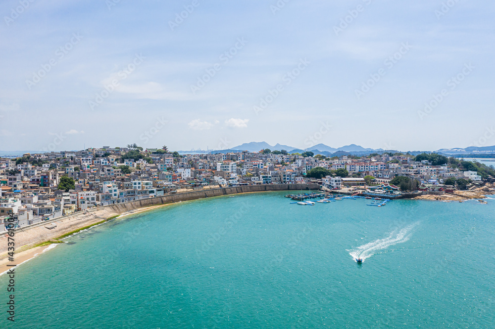 Aerial view of Fujian coastline, fishing village in Dongshan Island, Zhangzhou, Fujian, China