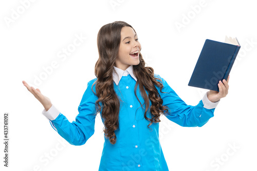 Happy child read school book aloud with expression isolated on white, reading