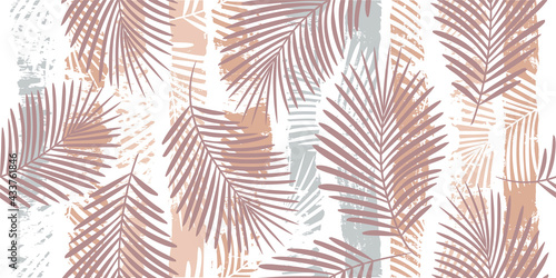 Tropical pattern, palm leaves seamless vector floral background. Exotic plant on blue stripes print illustration. Summer nature jungle print. Leaves of palm tree on paint lines. ink brush strokes