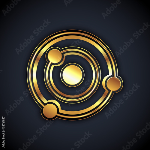 Gold Solar system icon isolated on black background. The planets revolve around the star. Vector