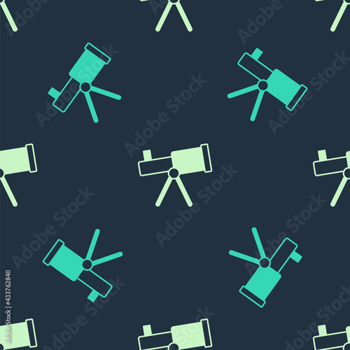 Green and beige Telescope icon isolated seamless pattern on blue background. Scientific tool. Education and astronomy element, spyglass and study stars. Vector