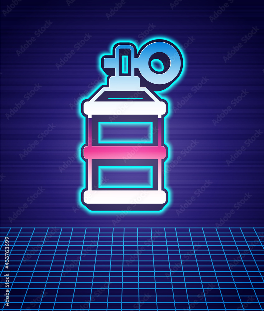 Retro style Hand smoke grenade icon isolated futuristic landscape background. Bomb explosion. 80s fashion party. Vector Retro style Hand smoke grenade icon isolated futuristic landscape background. Bomb explosion. 80s fashion party. Vector