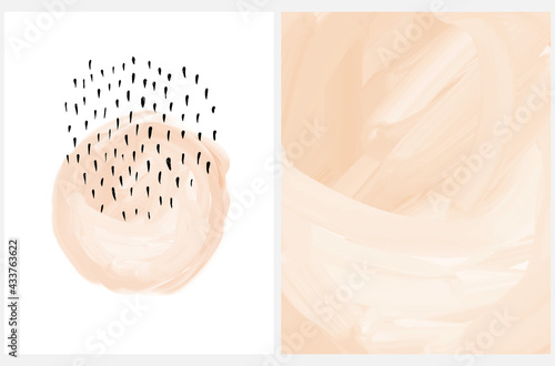 Digital Vector Painting with Light Brown Circle and Black Ink Spots. Abstract Minimalist Art. Blush Beige Background. Modern Print ideal for Card, Wall Art, Room Decoration.