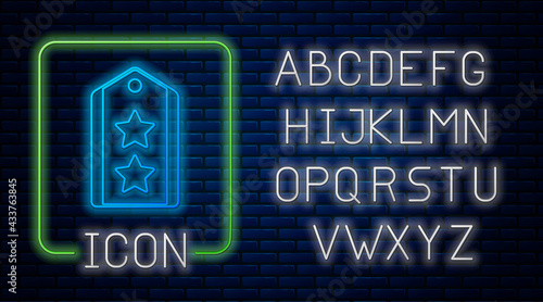 Glowing neon Military rank icon isolated on brick wall background. Military badge sign. Neon light alphabet. Vector