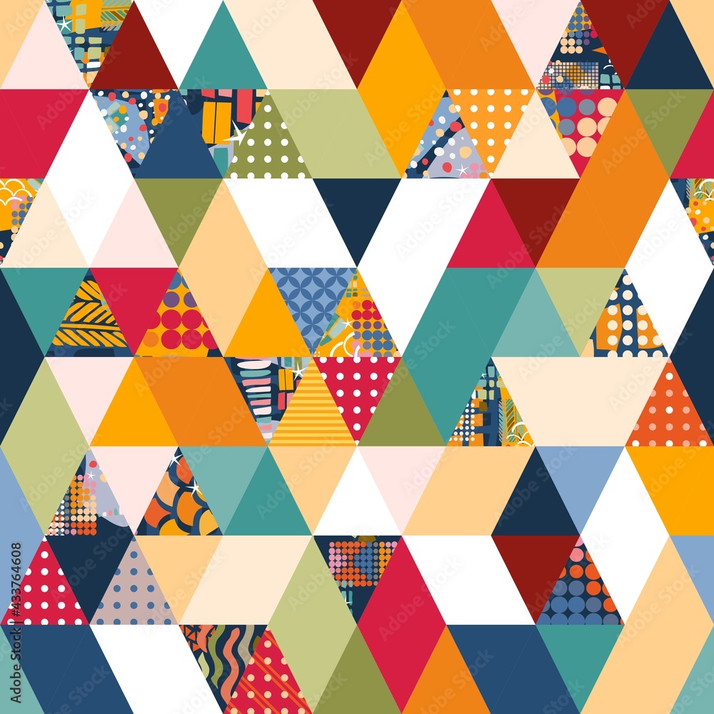 Bright seamless patchwork pattern with abstract ornament. Colorful print for fabric.