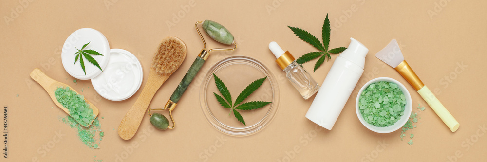 CBD oil, hemp tincture, cannabis cosmetic product for skin care. Alternative medicine pharmaceutical medical cannabis. Top view. Flat lay CBD oil, hemp tincture, cannabis cosmetic product for skin care. Alternative medicine pharmaceutical medical cannabis. Top view. Flat lay