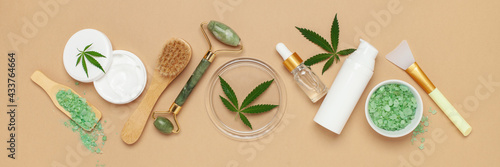 CBD oil, hemp tincture, cannabis cosmetic product for skin care. Alternative medicine pharmaceutical medical cannabis. Top view. Flat lay