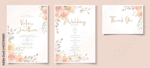 Elegant wedding invitation template with peach color floral theme
