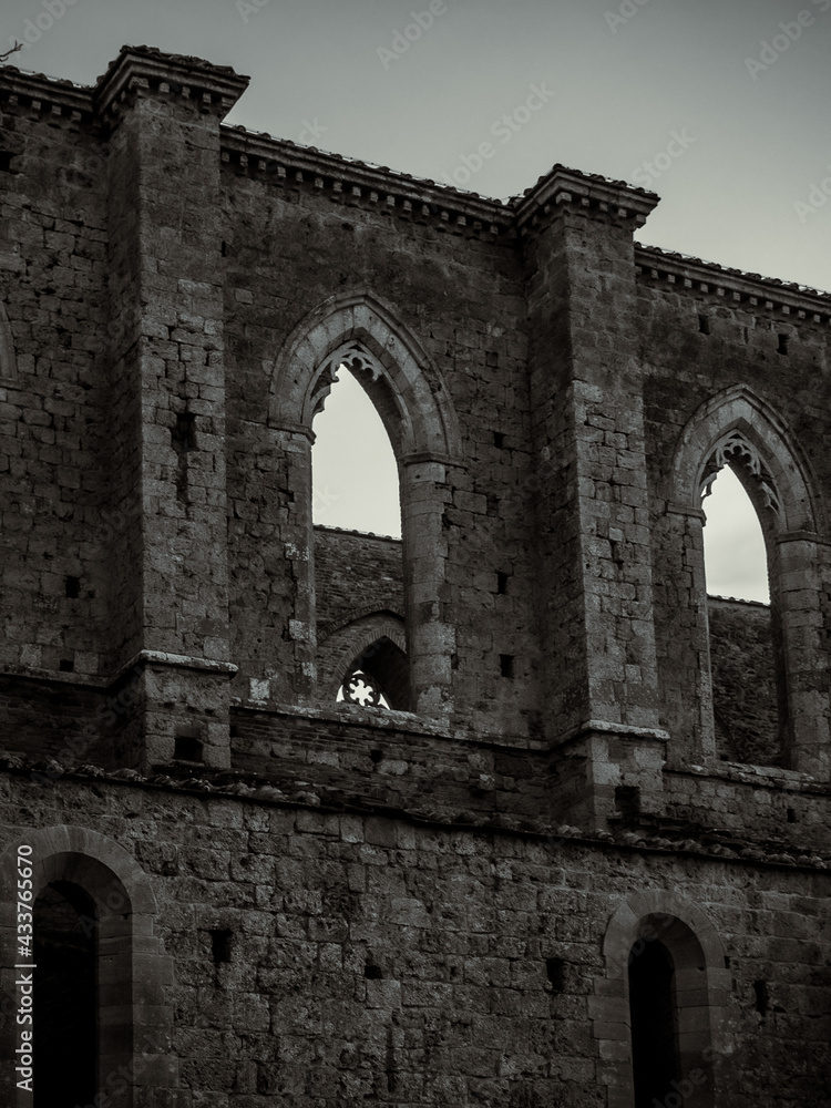 Detail of the Galgano Abbey in black and white