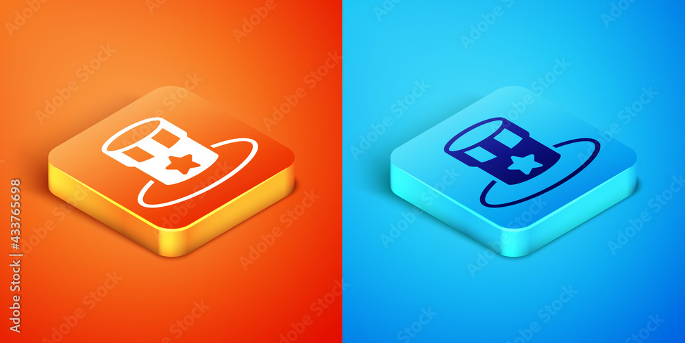 Isometric Patriotic American top hat icon isolated on orange and blue background. Uncle Sam hat. American hat independence day. Vector Isometric Patriotic American top hat icon isolated on orange and blue background. Uncle Sam hat. American hat independence day. Vector
