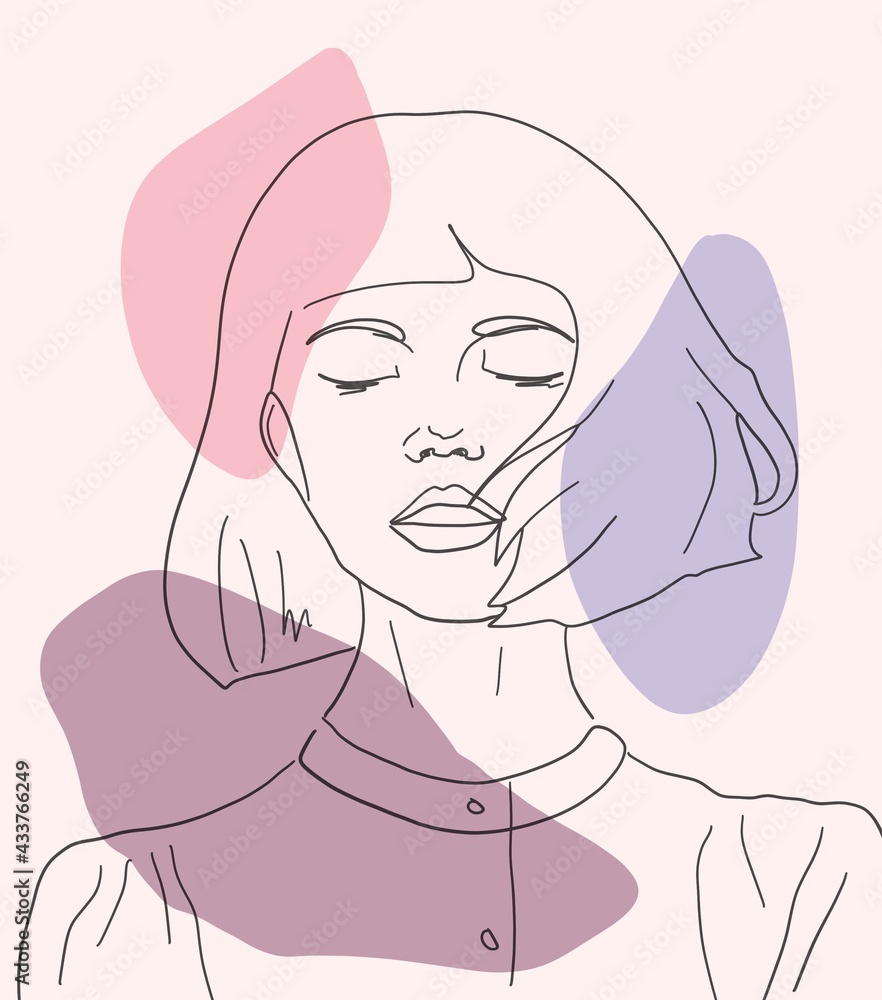 One line minimalism portrait of a girl. Abstract background. Beige tone wallpaper One line minimalism portrait of a girl. Abstract background. Beige tone wallpaper