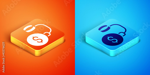 Isometric Debt ball chained to dollar coin icon isolated on orange and blue background. Big heavy debt weight with shackles and money. Financial crime, fee, crisis. Vector