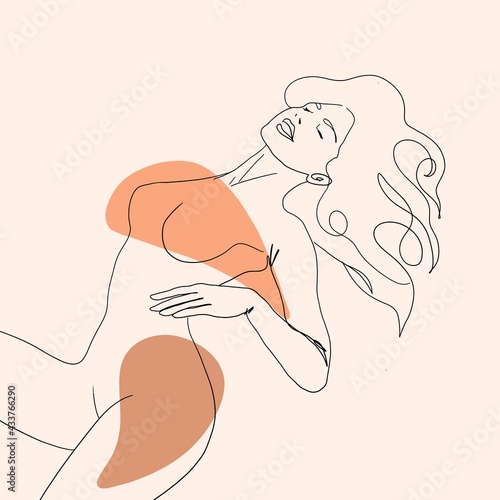 Naked woman one line drawing. Minimalistic background in beige colors