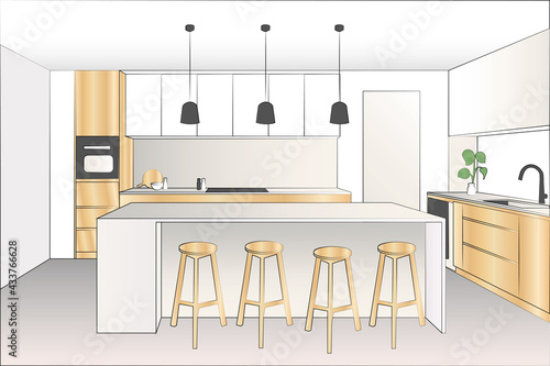 kitchen illustration, interior sketch drawing -