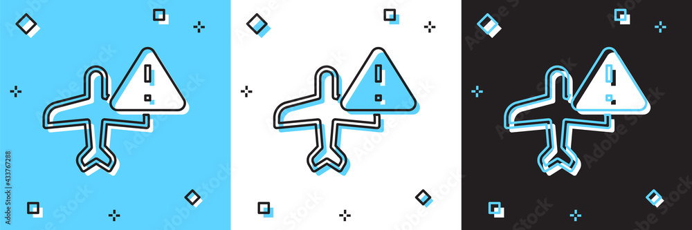 Set Warning aircraft icon isolated on blue and white, black background. Faulty plane. Flying prohibition zone. Plane is forbidden for transportation and travelling. Vector Set Warning aircraft icon isolated on blue and white, black background. Faulty plane. Flying prohibition zone. Plane is forbidden for transportation and travelling. Vector