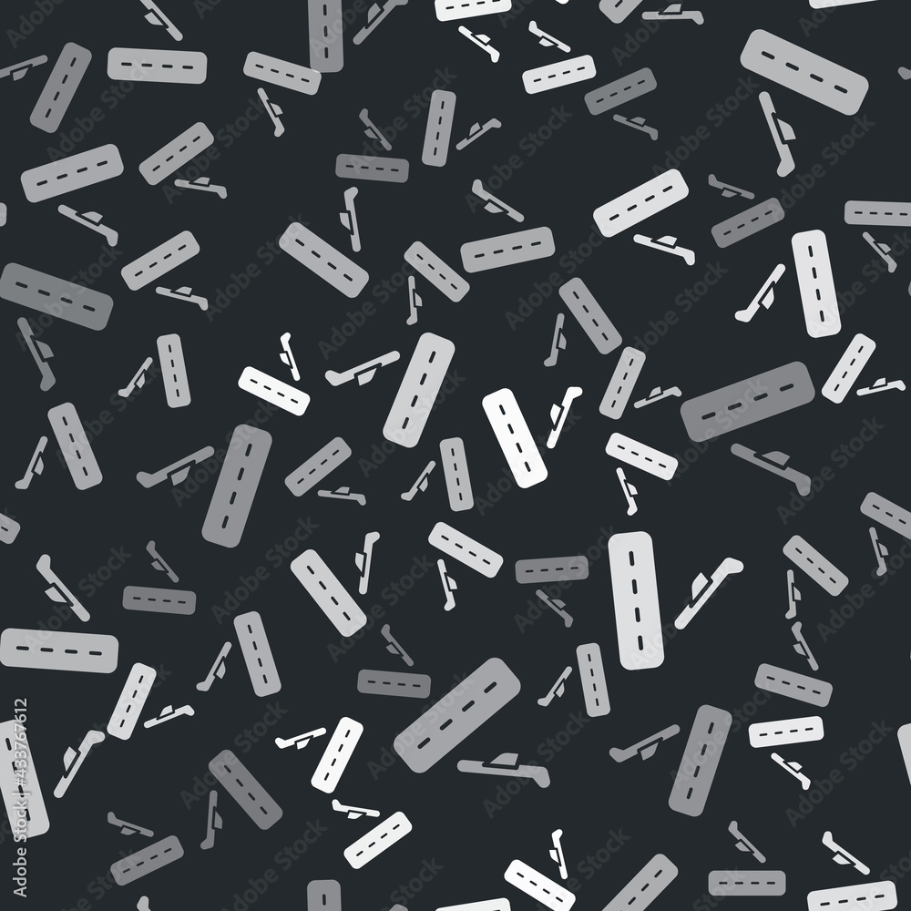 Grey Plane landing icon isolated seamless pattern on black background. Airplane transport symbol. Vector Grey Plane landing icon isolated seamless pattern on black background. Airplane transport symbol. Vector