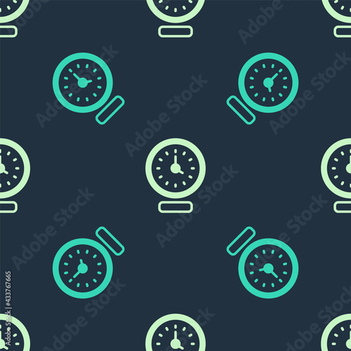 Green and beige Clock icon isolated seamless pattern on blue background. Time symbol. Vector