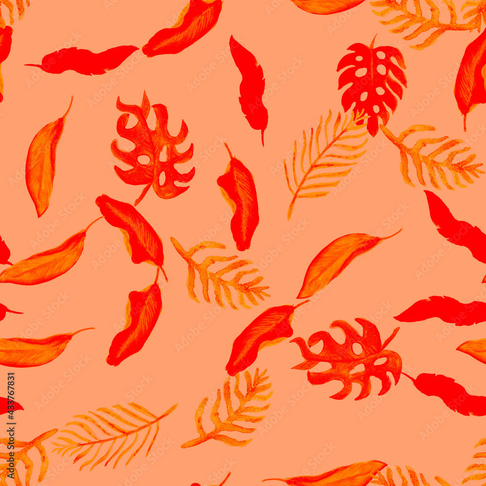 Fototapeta premium Monstera Pattern Textile. Orange Seamless Textile. Nature Background. Red Watercolor Monstera. Tropical Design. Floral Painting. Summer Wallpaper.Isolated Palm.