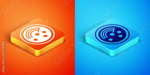 Isometric Radar with targets on monitor in searching icon isolated on orange and blue background. Search system. Navy sonar. Vector