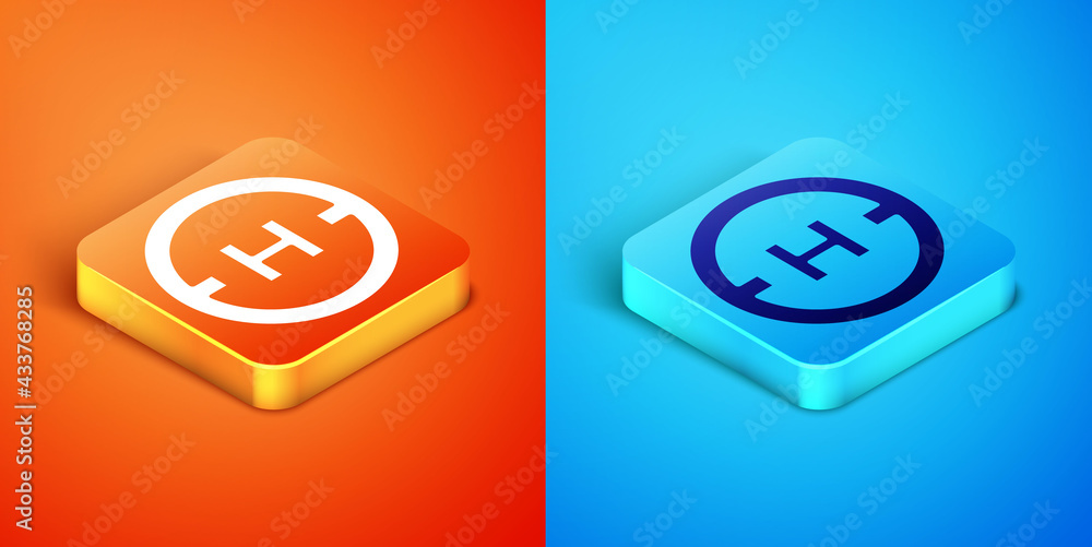 Isometric Helicopter landing pad icon isolated on orange and blue background. Helipad, area, platform, H letter. Vector
